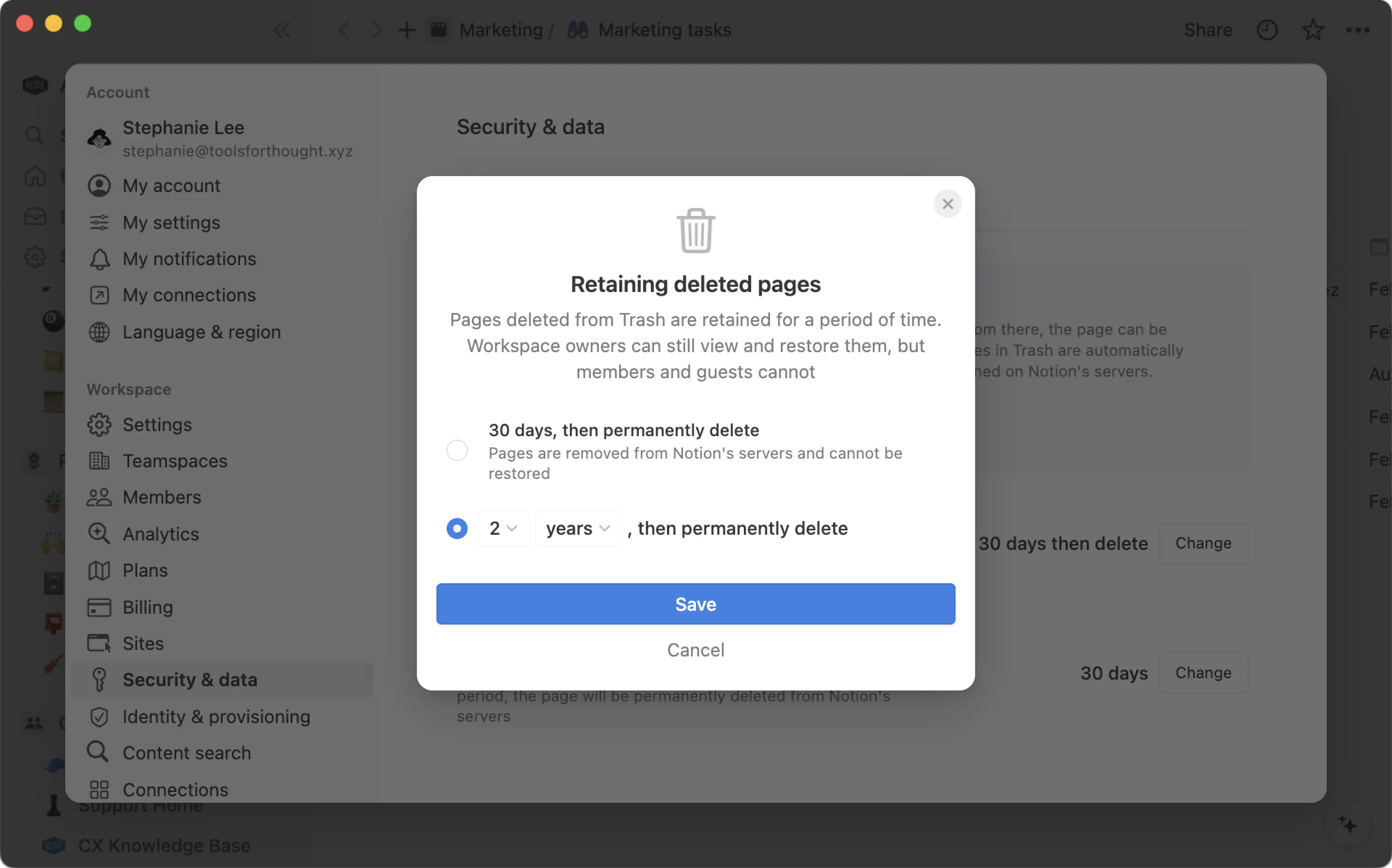 hc: custom data retention settings page retention