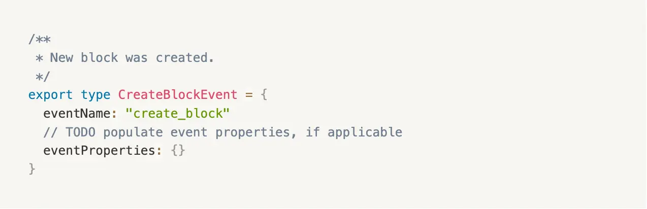The boilerplate Typescript produced by the tool for the create_block event.